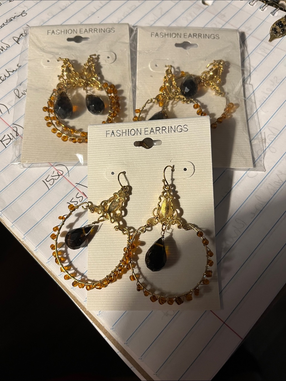 3 pr Gold Hoop Earrings with Amber Beads and Black Teardrop 1550